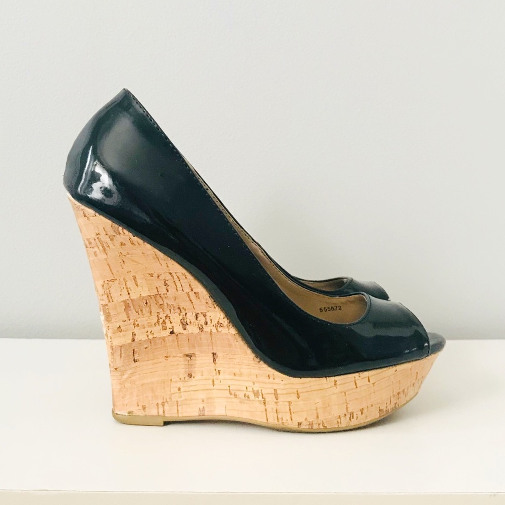 Black Cork Wedge Open Toe Sandals